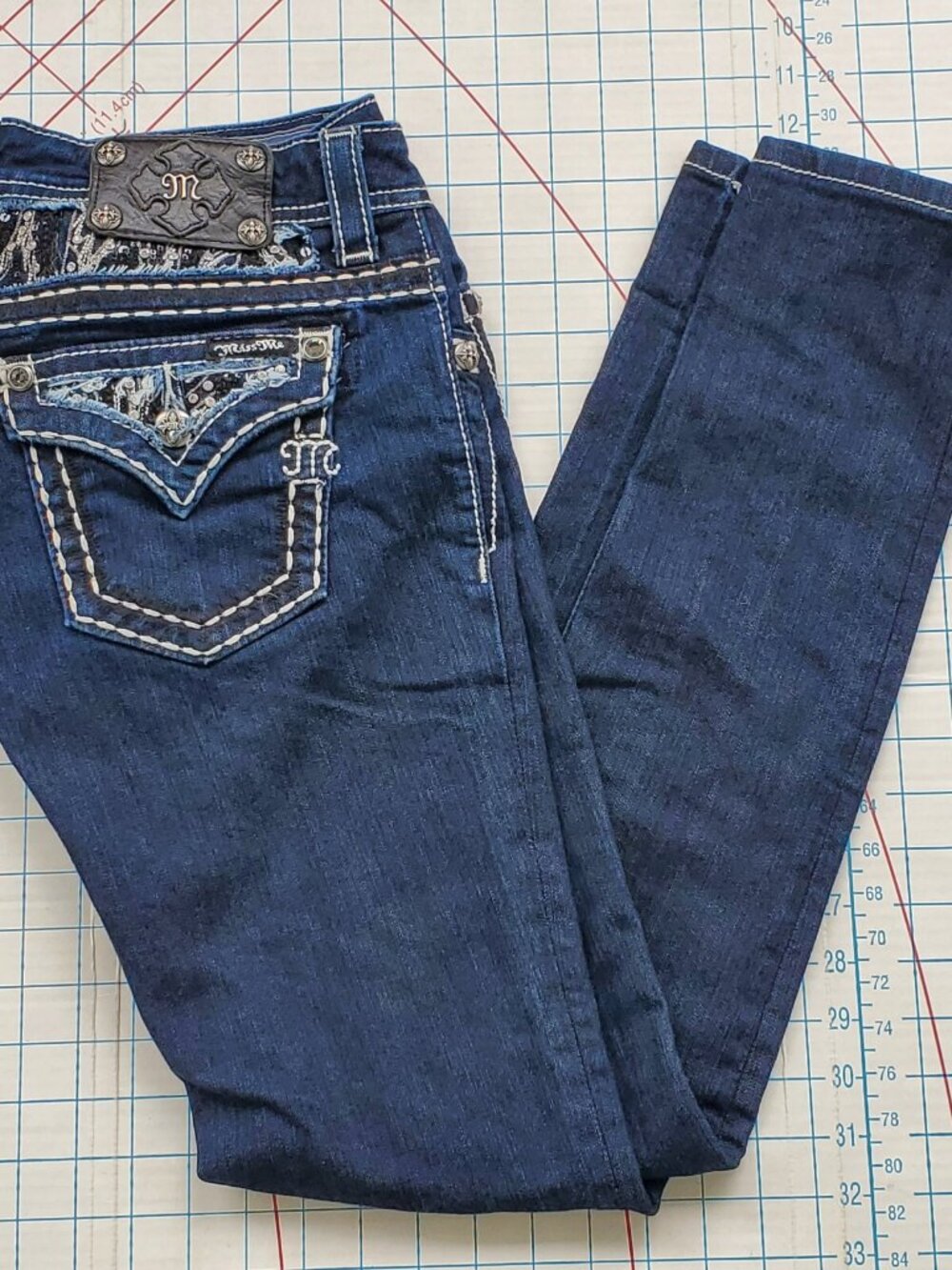 Miss Me Skinny Slim Women's Size 27 Jeans Actual 29x33 Denim Beaded Jeweled Blue